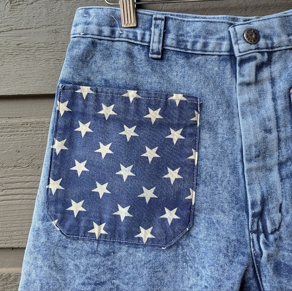 Vintage 80s Navdungaree American Flag Jean Shorts Cutoffs Size 31 Patchwork - Picture 2 of 9